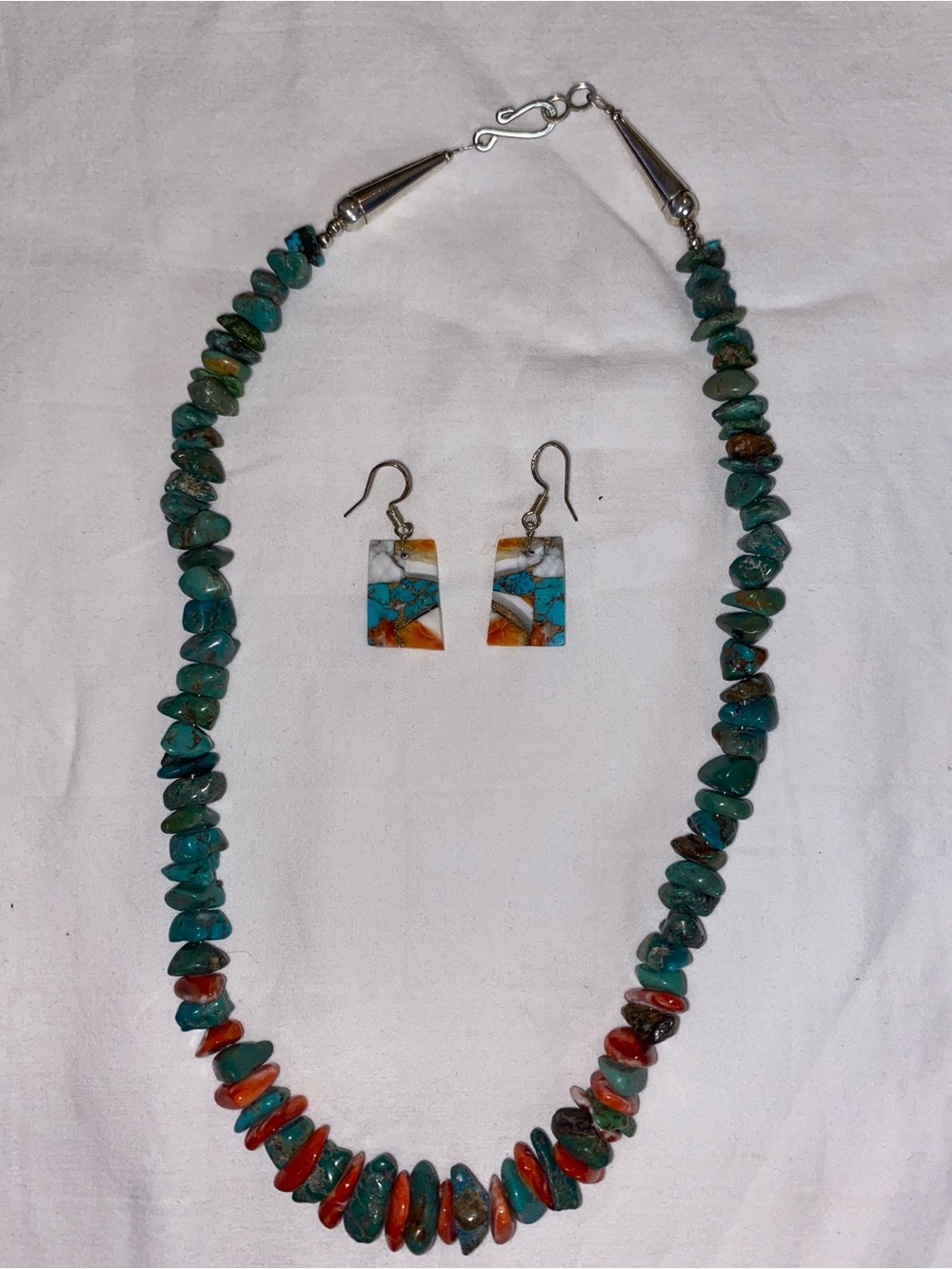 Turquoise and Coral Stone Bead Necklace with Matching Earrings
